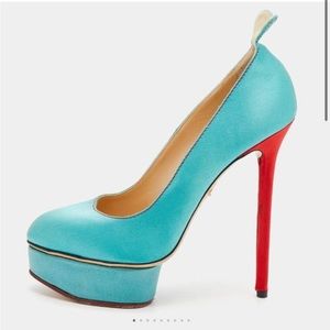 Charlotte Olympia Turquoise/Red Satin Josephine Platform Pumps Size 37.5